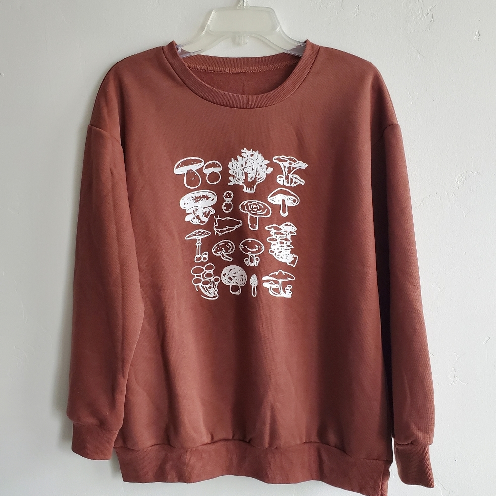 Cozy Mushroom Graphic Pullover Brown  Sweatshirt